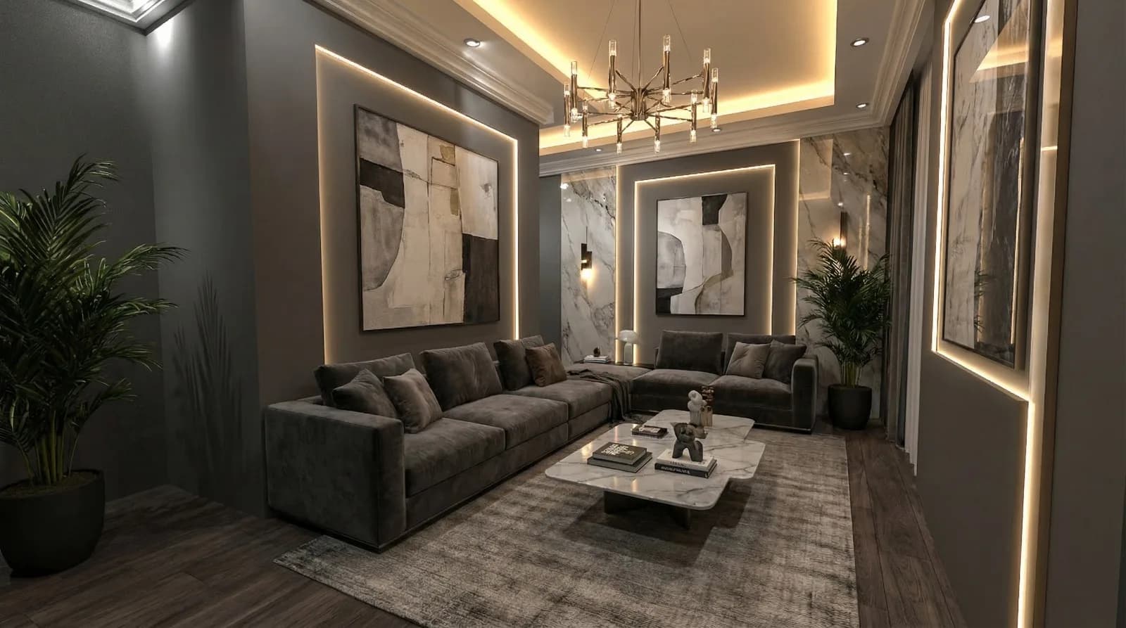 Koyu tonlu oturma odası ve aydınlatmalı tablo nişleri
