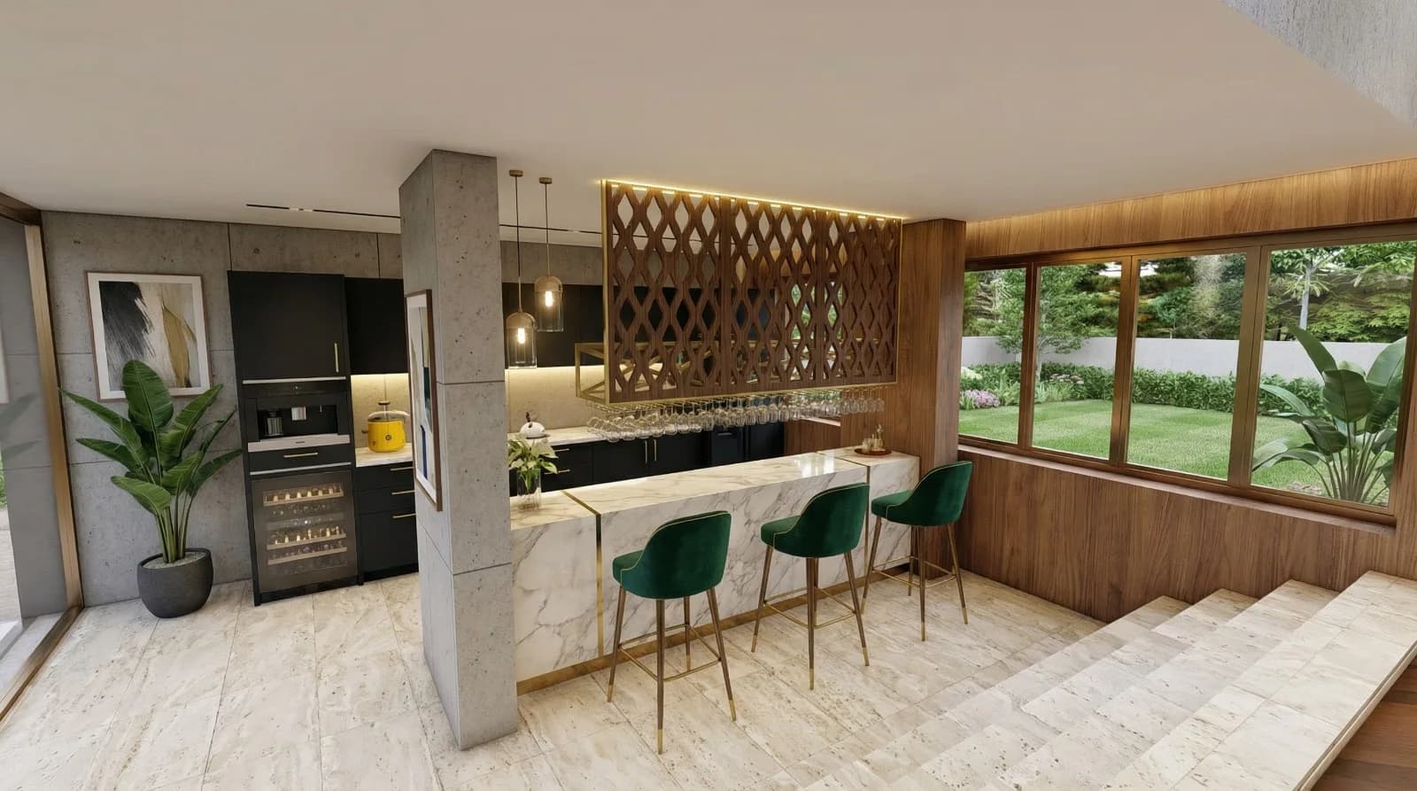 Kapalı veranda; bar tezgâhı ve bahçeye açılan cephe