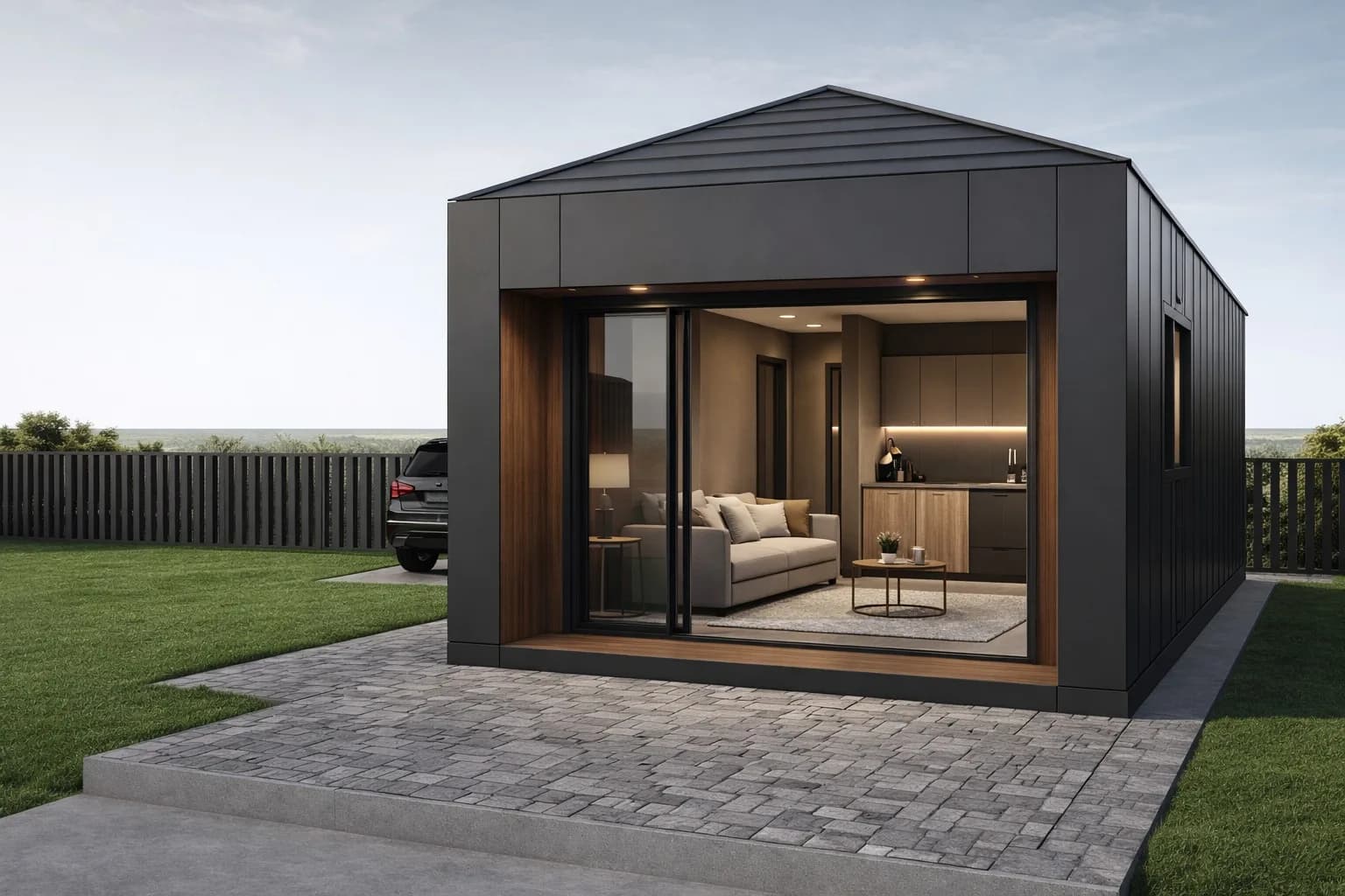 Tiny house; koyu cephe kaplaması ve tam boy cam